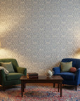 Silver Damascene elegant blue grey damask wallpaper in a warm and inviting living room