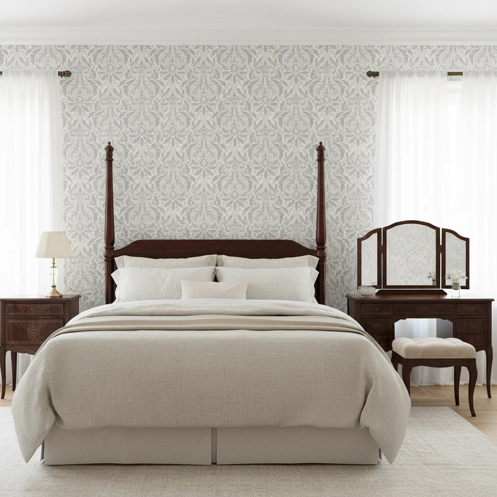 Silver Damascene elegant blue grey damask wallpaper adding character to a cozy bedroom