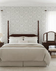 Silver Damascene elegant blue grey damask wallpaper adding character to a cozy bedroom