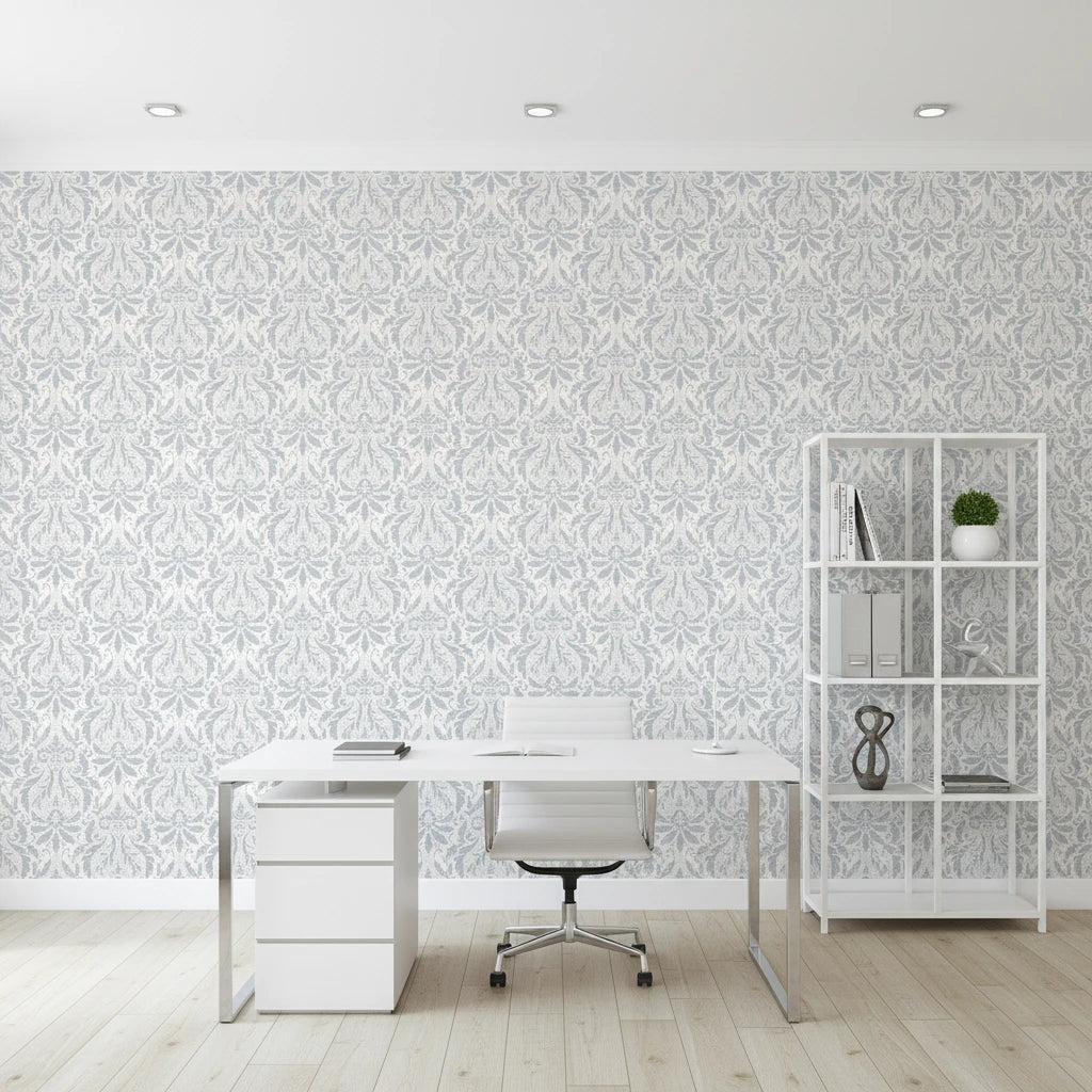 Silver Damascene elegant blue grey damask wallpaper as a feature wall in a bright home office