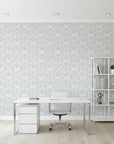 Silver Damascene elegant blue grey damask wallpaper as a feature wall in a bright home office