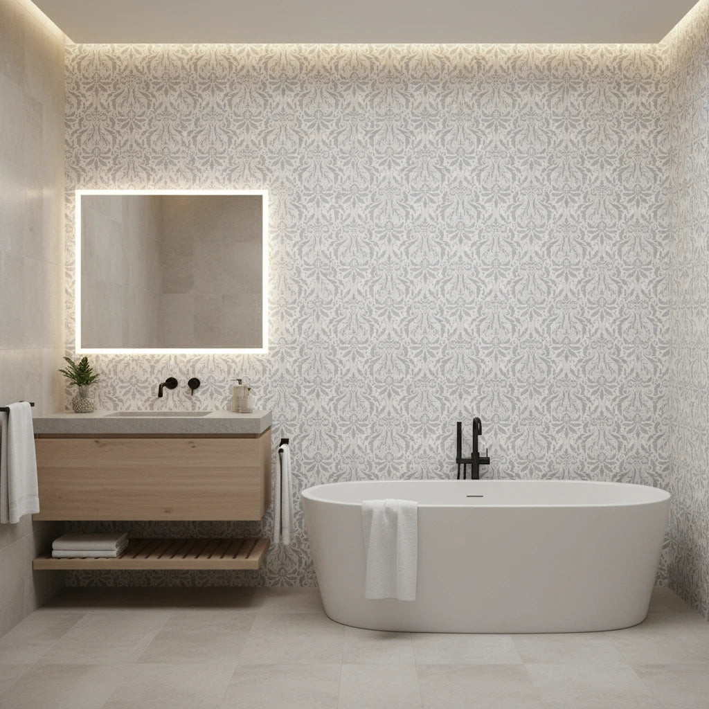 Silver Damascene elegant blue grey damask wallpaper creating ambiance in a serene bathroom