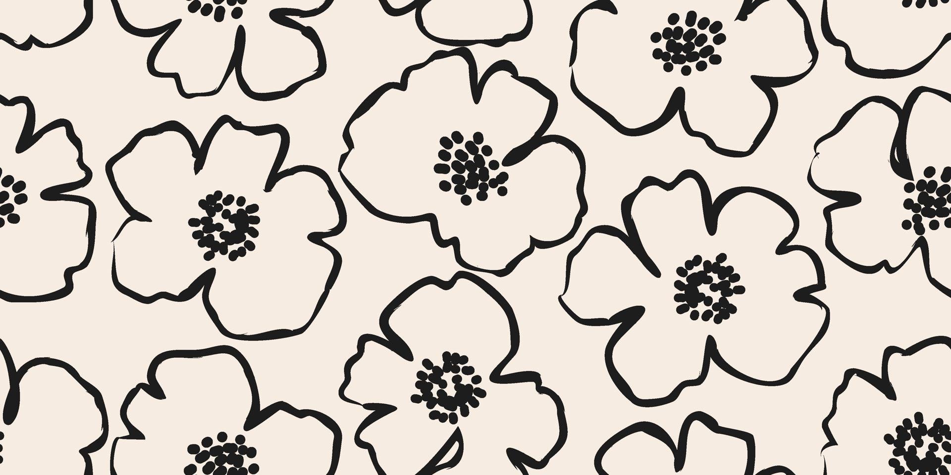 Minimalist black and ivory floral wallpaper with bold hand drawn flower outlines and clustered dotted centers.