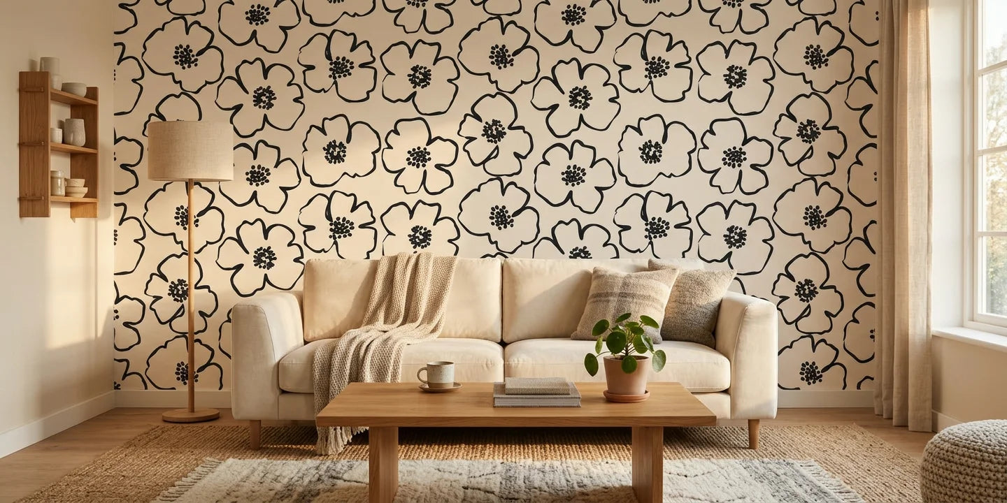 Sketch Anemone artistic floral wallpaper in a warm and inviting living room