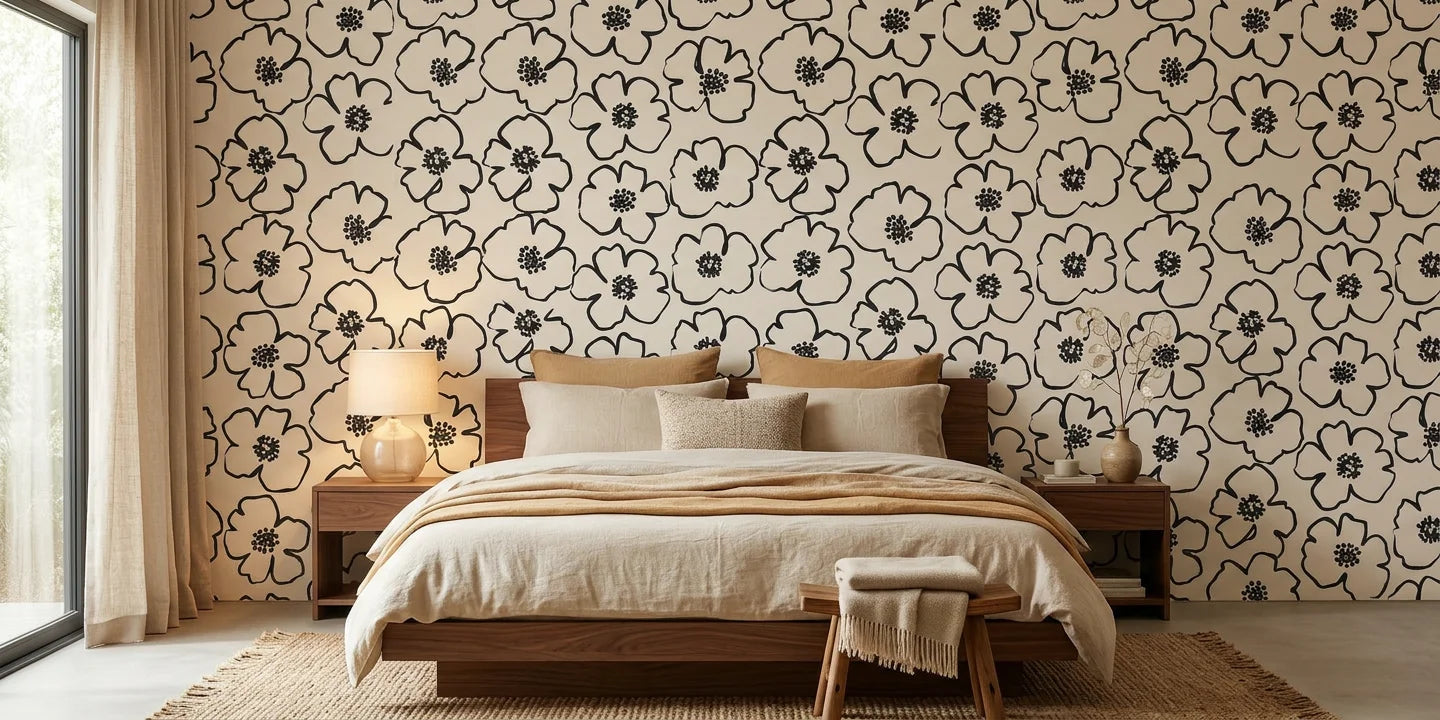 Sketch Anemone artistic floral wallpaper adding character to a cozy bedroom