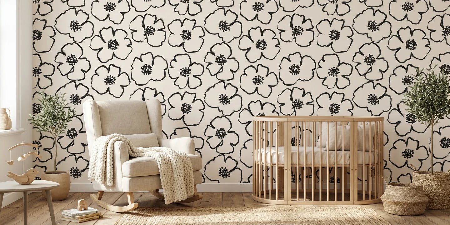 Sketch Anemone artistic floral wallpaper as a feature wall in a bright home office