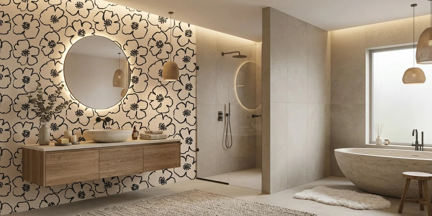 Sketch Anemone artistic floral wallpaper creating ambiance in a serene bathroom