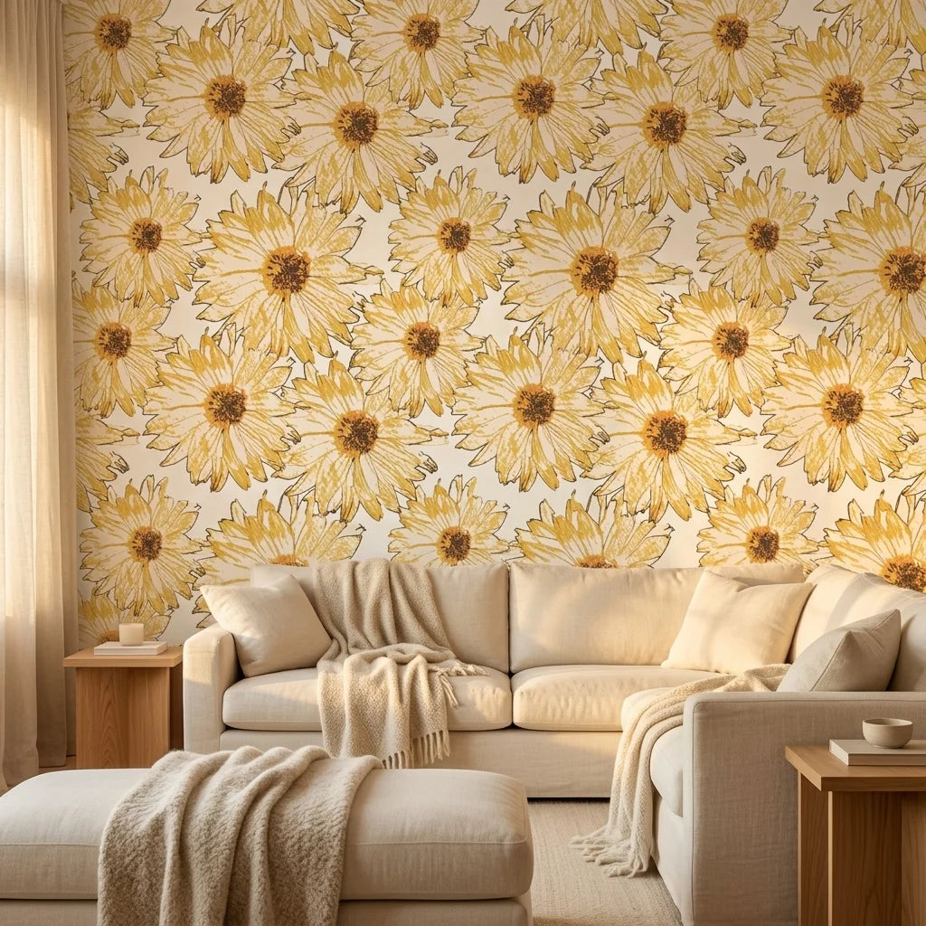 Sketch Bloom golden floral peel and stick wallpaper in a warm and inviting living room