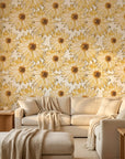 Sketch Bloom golden floral peel and stick wallpaper in a warm and inviting living room