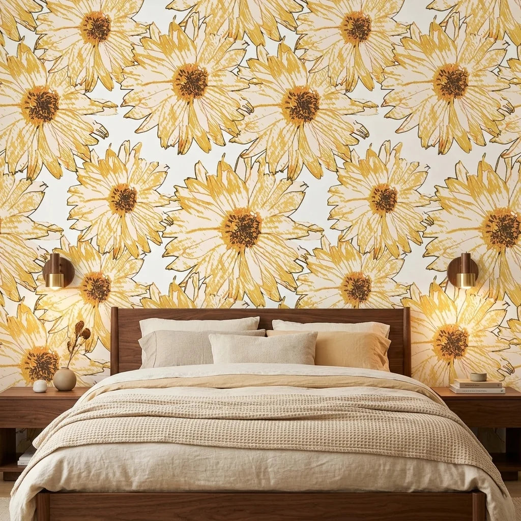 Sketch Bloom golden floral peel and stick wallpaper adding character to a cozy bedroom