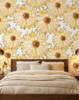 Sketch Bloom golden floral peel and stick wallpaper adding character to a cozy bedroom