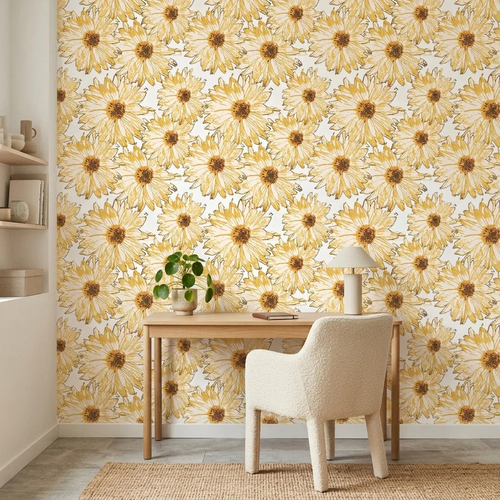 Sketch Bloom golden floral peel and stick wallpaper as a feature wall in a bright home office