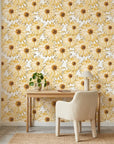 Sketch Bloom golden floral peel and stick wallpaper as a feature wall in a bright home office