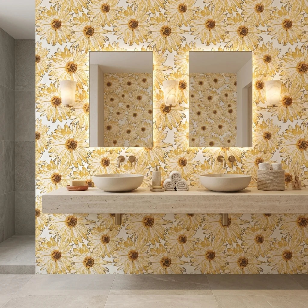 Sketch Bloom golden floral peel and stick wallpaper creating ambiance in a serene bathroom