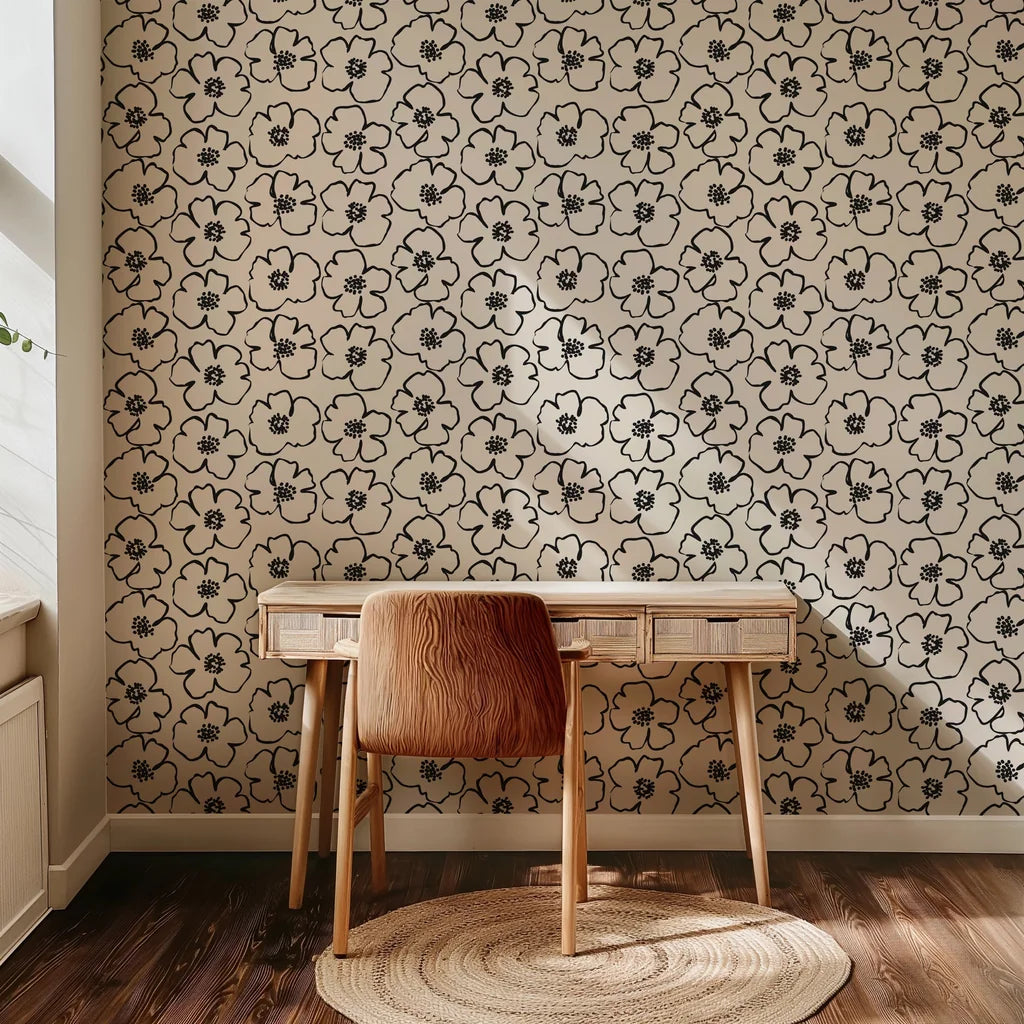 Hand-drawn, minimalist floral wallpaper design featuring high-contrast black and ivory tones, highlighting flowers with thick outlines and centers composed of many small, grouped dots