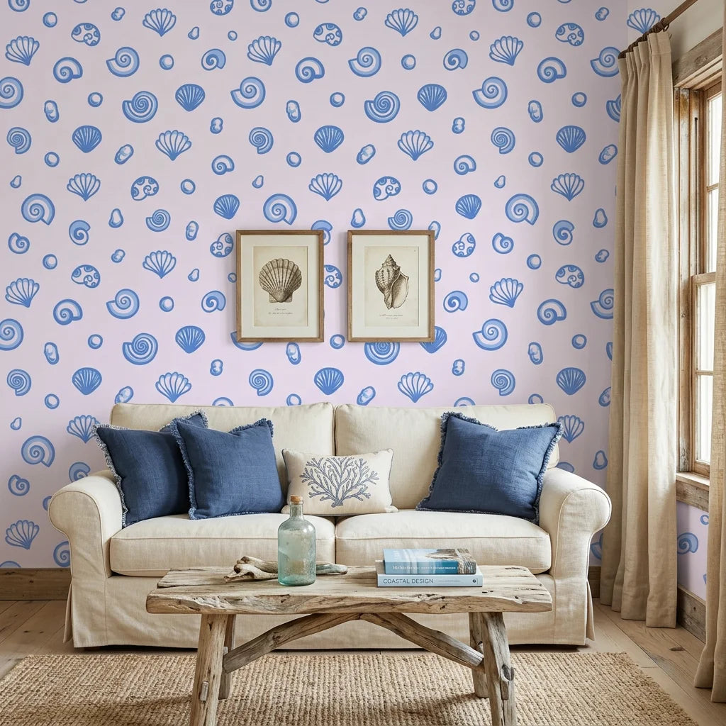Sketched Seashells serene blue seashell wallpaper in a warm and inviting living room
