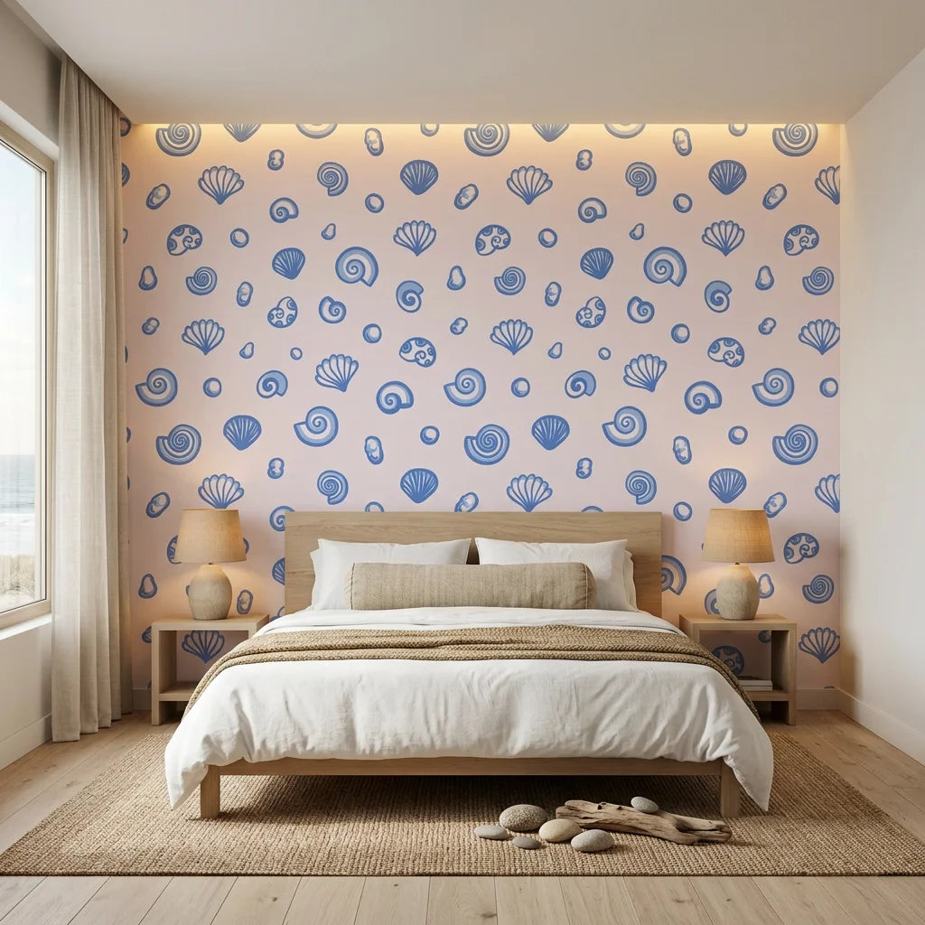 Sketched Seashells serene blue seashell wallpaper adding character to a cozy bedroom