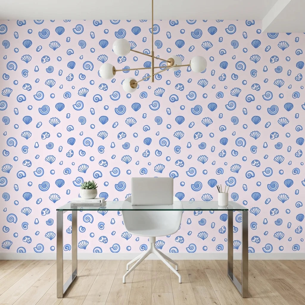 Sketched Seashells serene blue seashell wallpaper as a feature wall in a bright home office