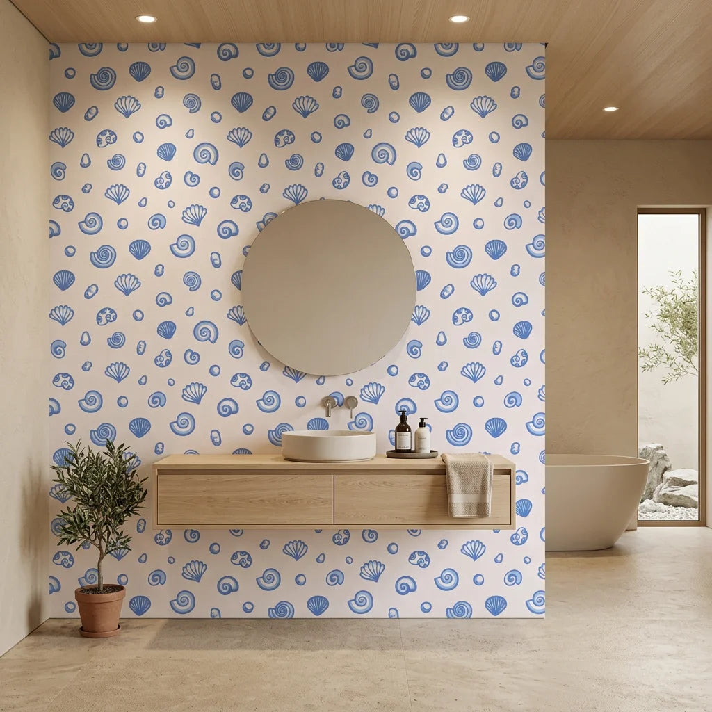 Sketched Seashells serene blue seashell wallpaper creating ambiance in a serene bathroom