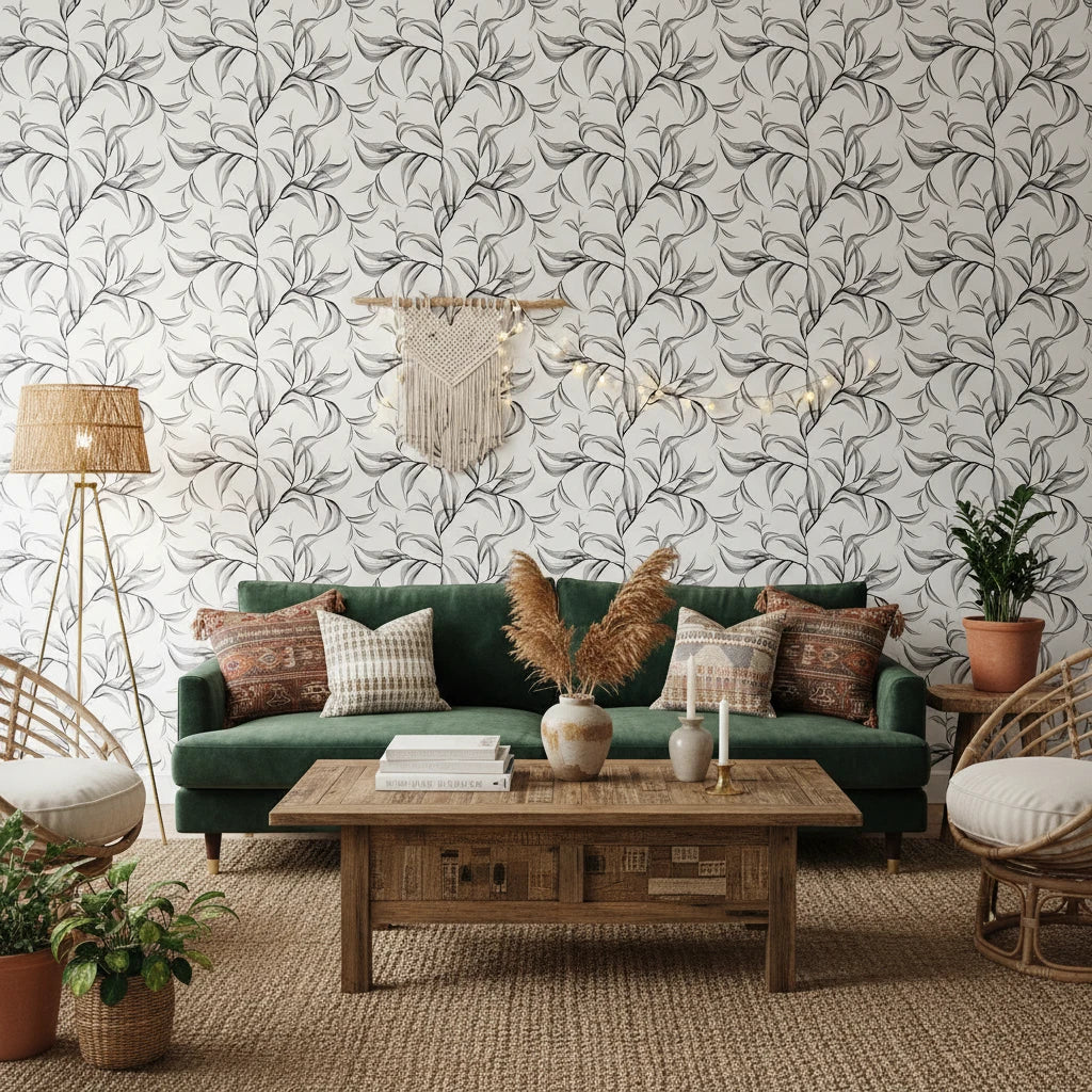 Sketched Silence black and white line art leaf wallpaper in a warm and inviting living room