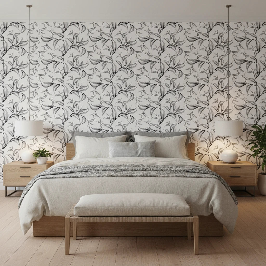 Sketched Silence black and white line art leaf wallpaper adding character to a cozy bedroom