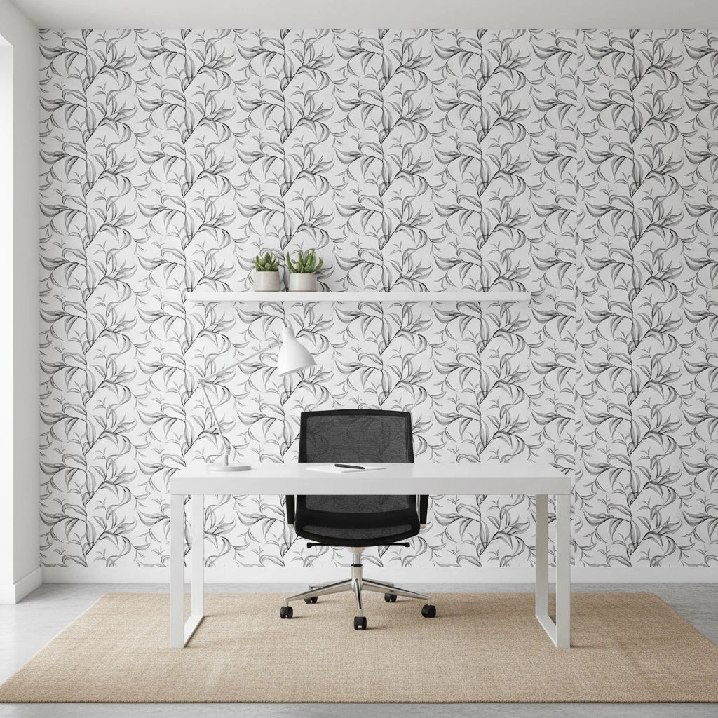 Sketched Silence black and white line art leaf wallpaper as a feature wall in a bright home office
