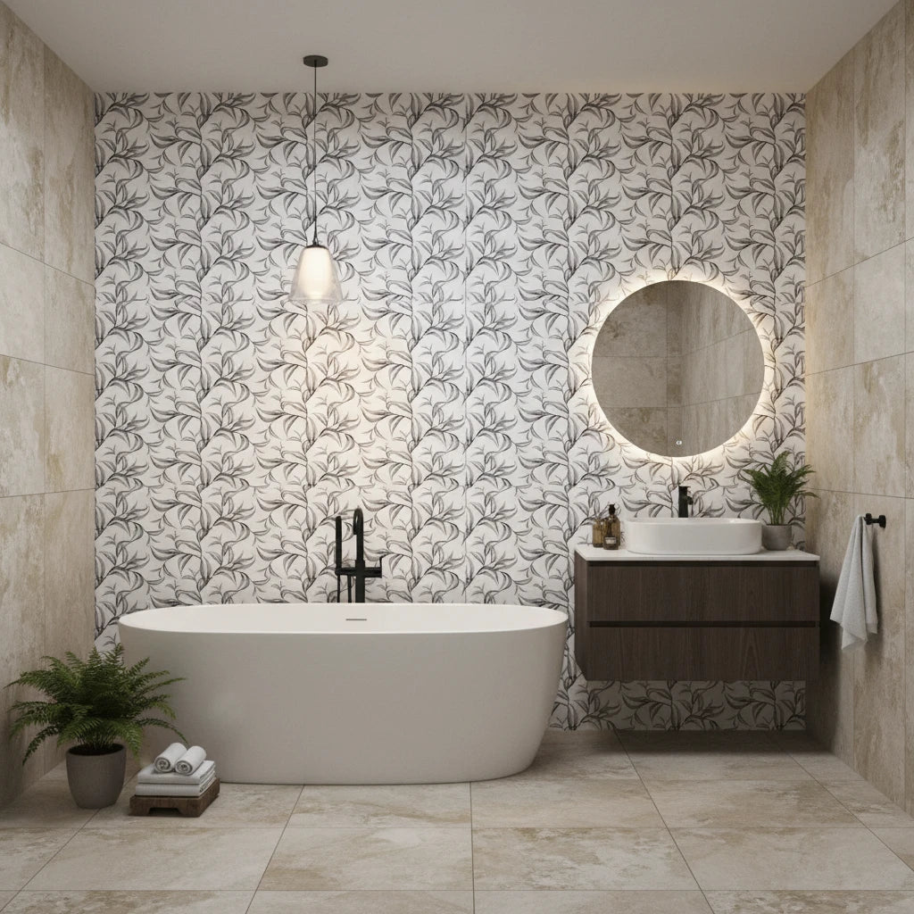 Sketched Silence black and white line art leaf wallpaper creating ambiance in a serene bathroom