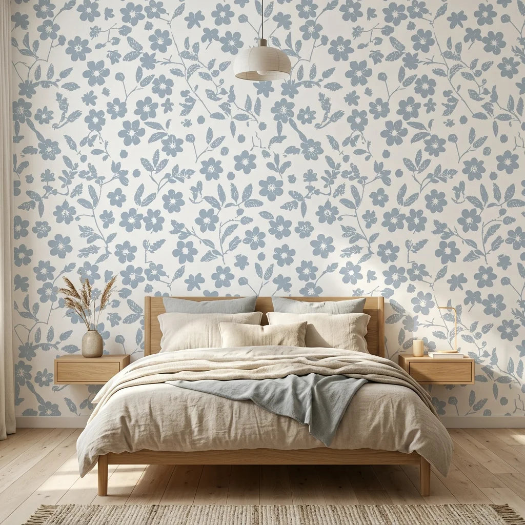 Sky Bloom serene blue floral peel and stick wallpaper in a warm and inviting living room