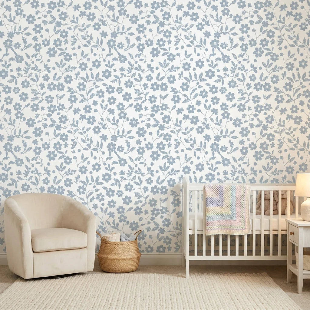 Sky Bloom serene blue floral peel and stick wallpaper adding character to a cozy bedroom