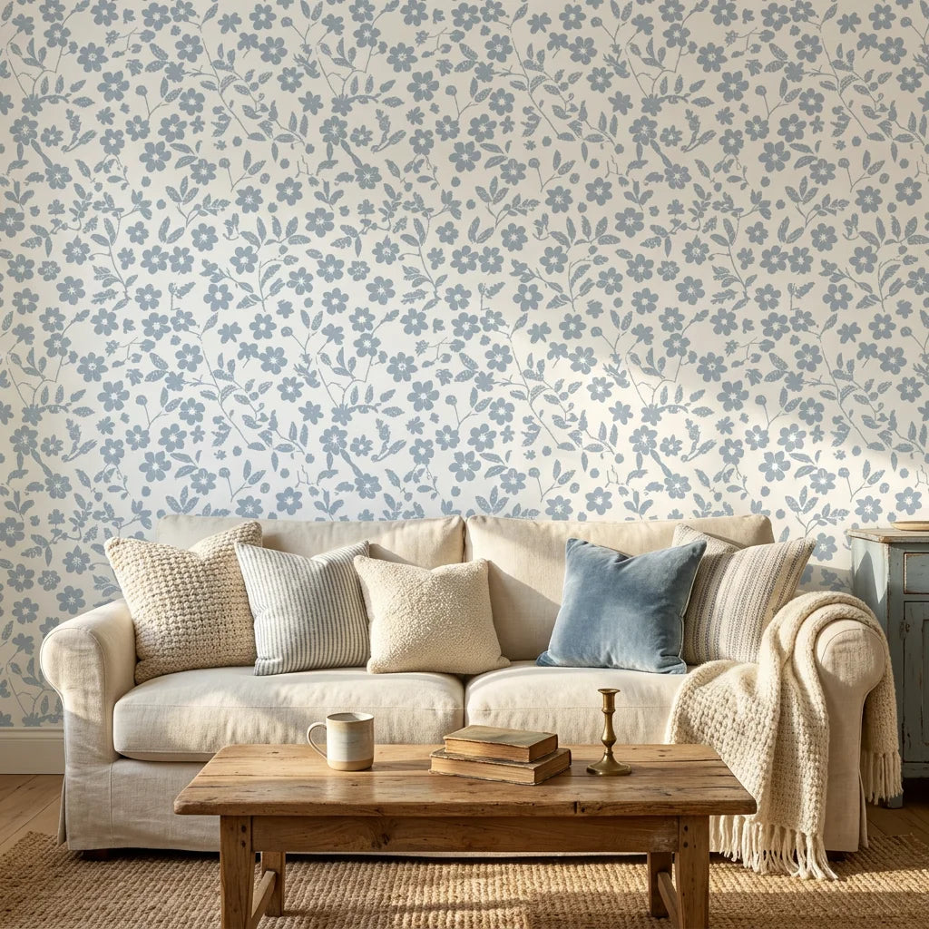 Sky Bloom serene blue floral peel and stick wallpaper as a feature wall in a bright home office