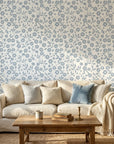 Sky Bloom serene blue floral peel and stick wallpaper as a feature wall in a bright home office