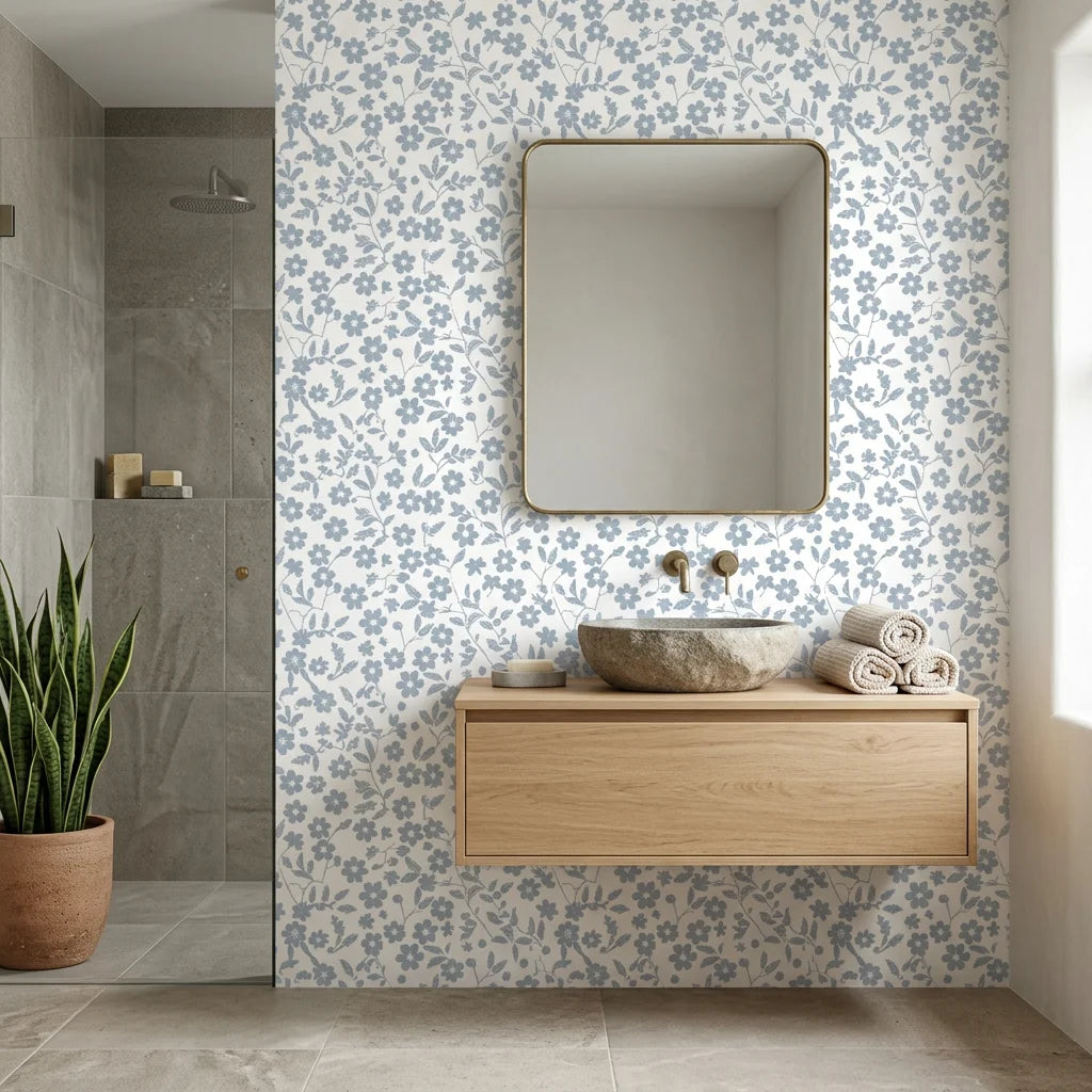 Sky Bloom serene blue floral peel and stick wallpaper creating ambiance in a serene bathroom