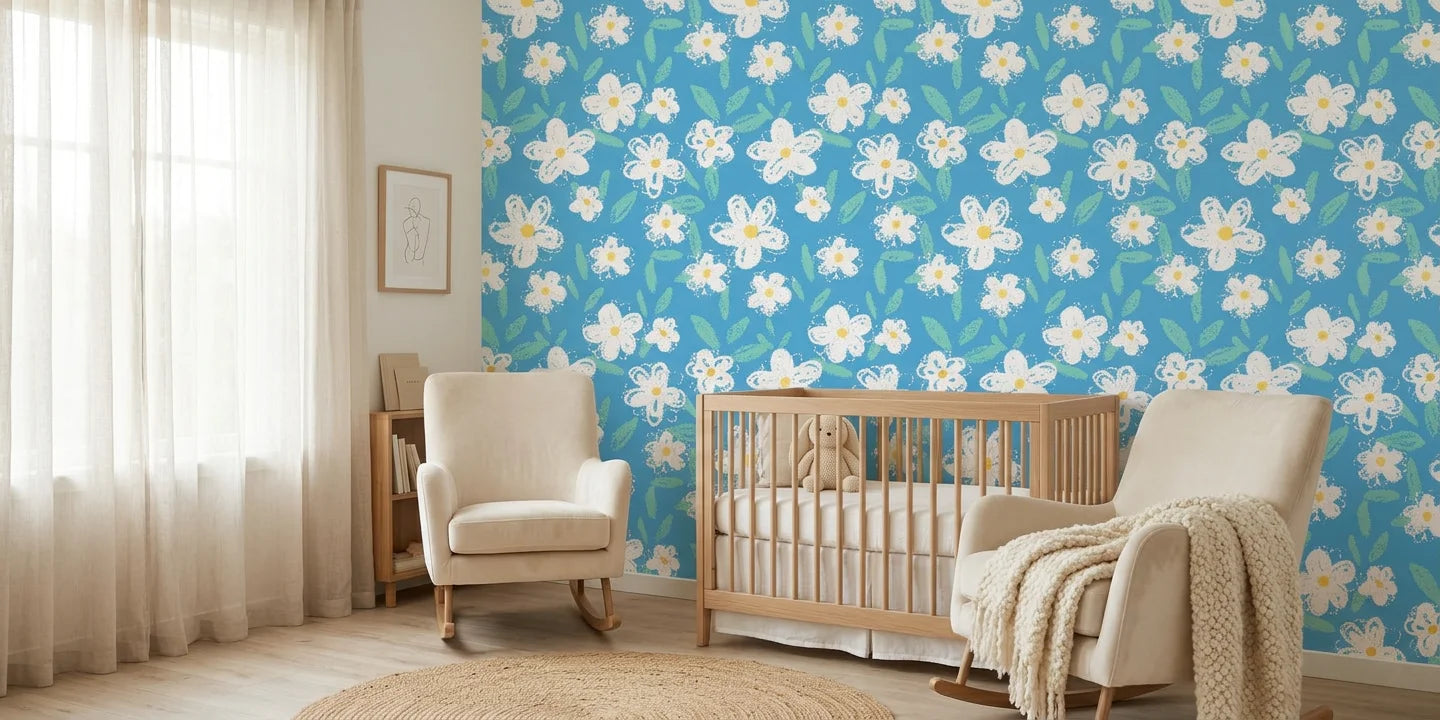 Sky Chalk playful crayon wallpaper in a warm and inviting living room