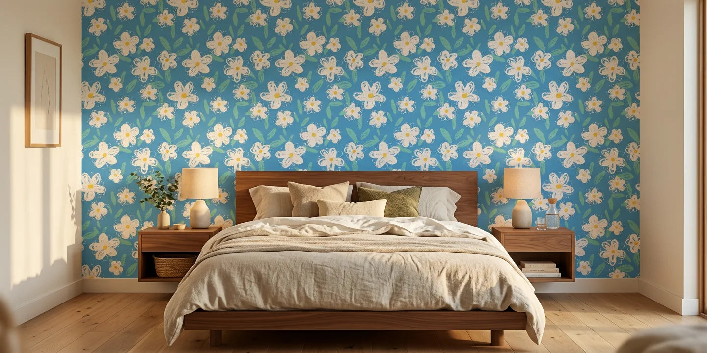 Sky Chalk playful crayon wallpaper adding character to a cozy bedroom