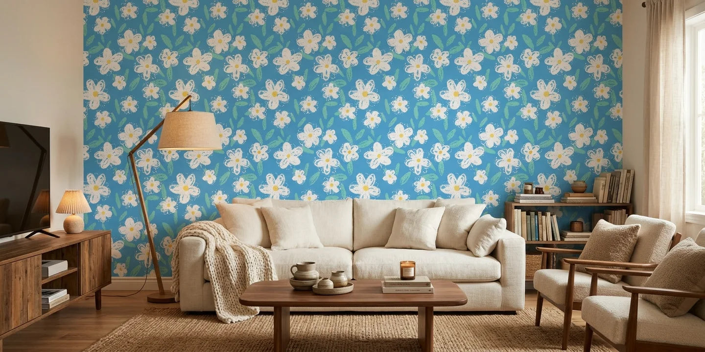 Sky Chalk playful crayon wallpaper as a feature wall in a bright home office