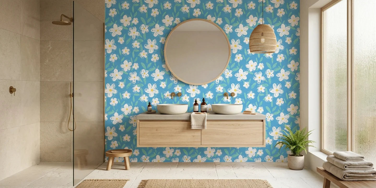Sky Chalk playful crayon wallpaper creating ambiance in a serene bathroom