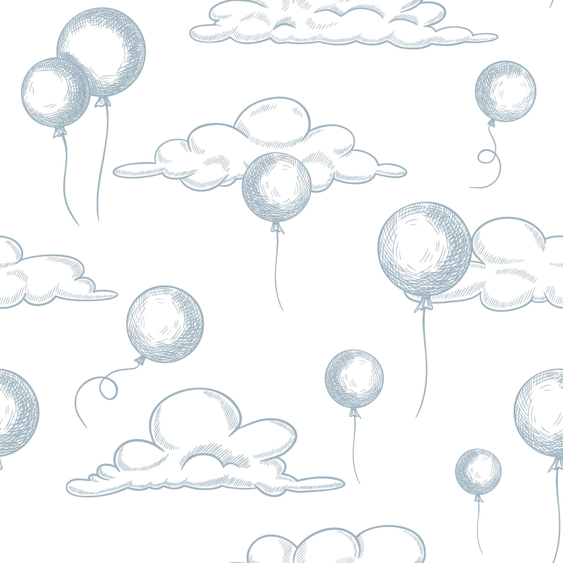 Sketchy blue balloons and puffy clouds decorating a subtle, white wallpaper surface