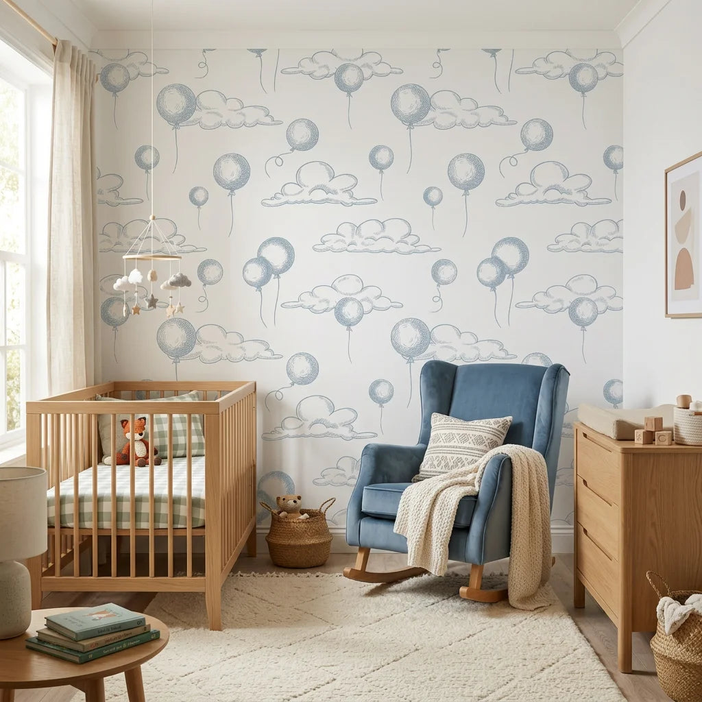 Sky Dreams sketchy cloud wallpaper in a warm and inviting living room