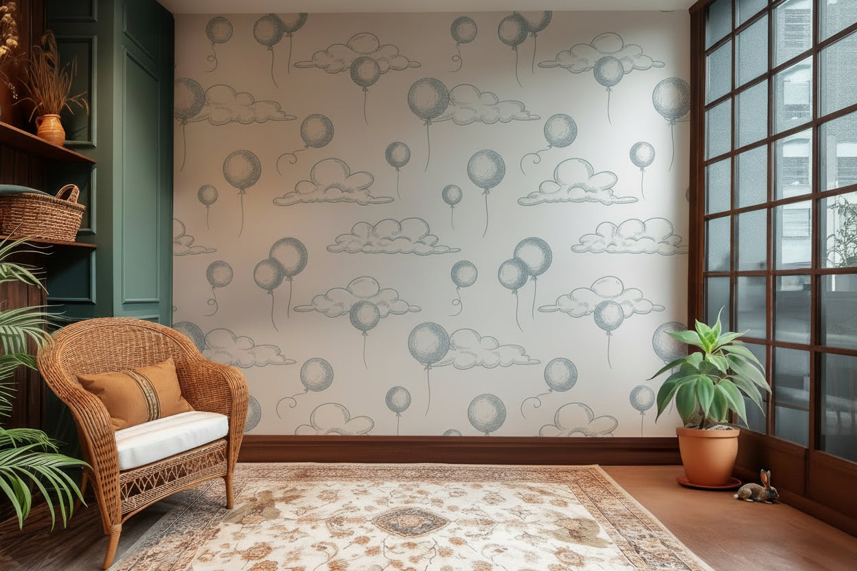 White wall covering showing a subtle design of outlined blue balloons and airy clouds
