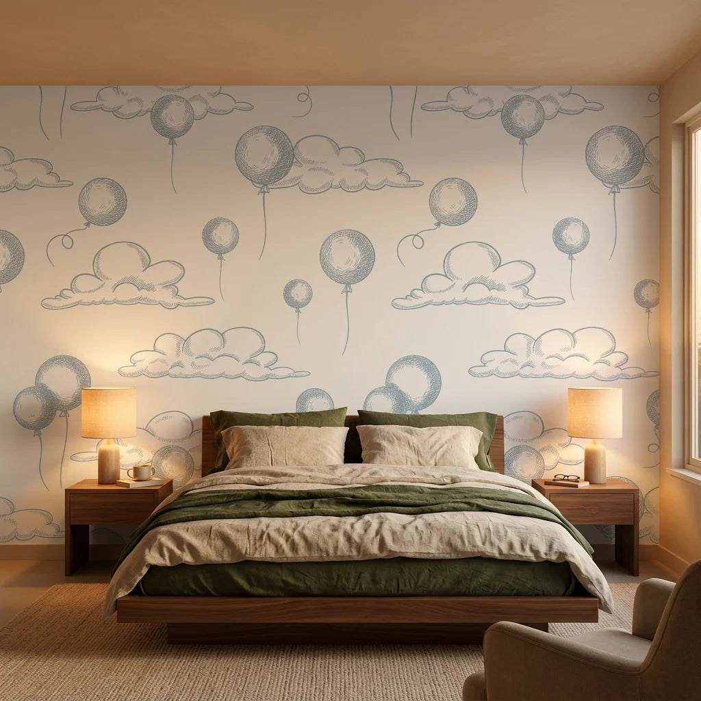 Sky Dreams sketchy cloud wallpaper adding character to a cozy bedroom