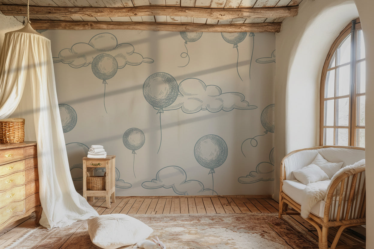White, airy wall paper displaying an illustration of blue, outlined balloons and fluffy clouds.