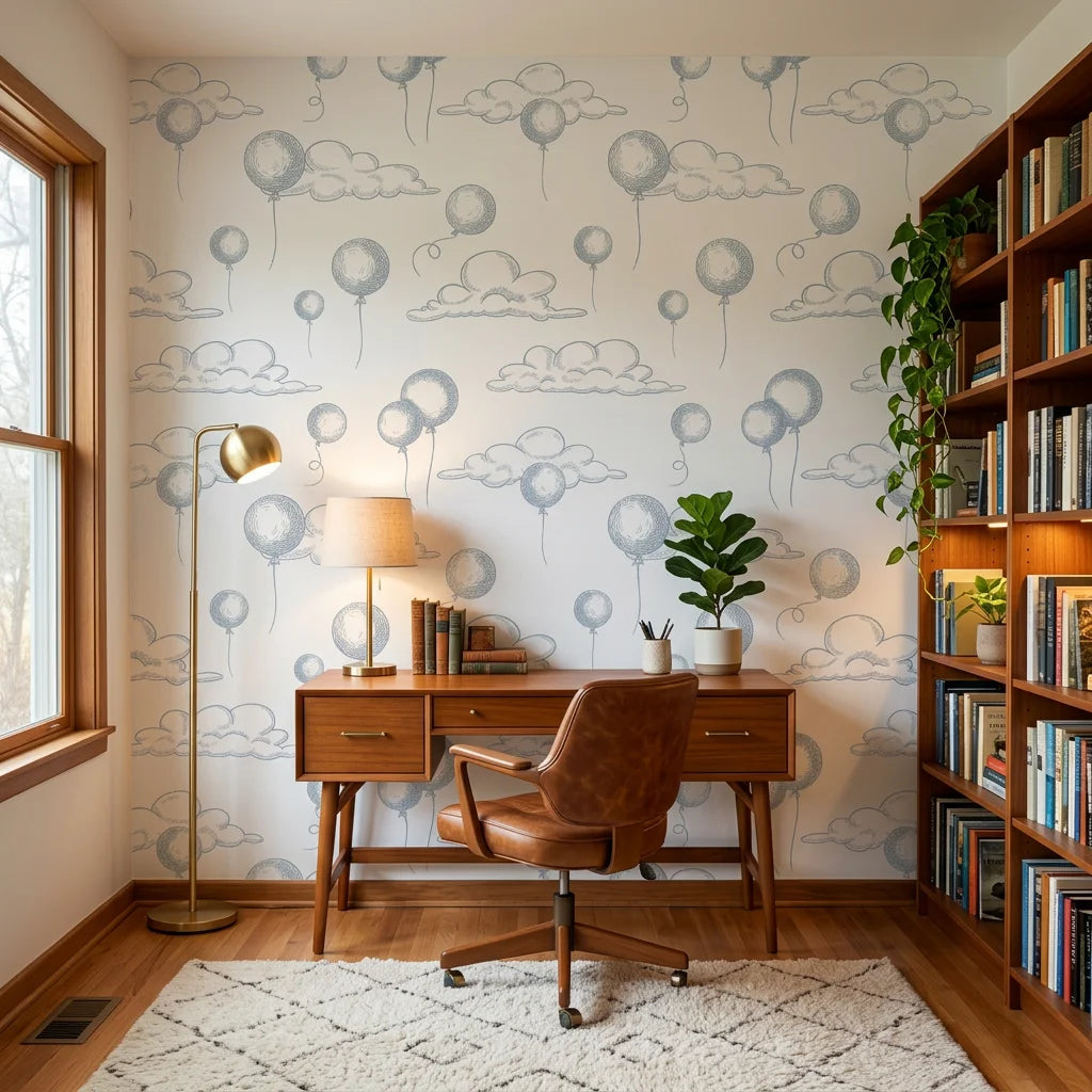 Sky Dreams sketchy cloud wallpaper as a feature wall in a bright home office