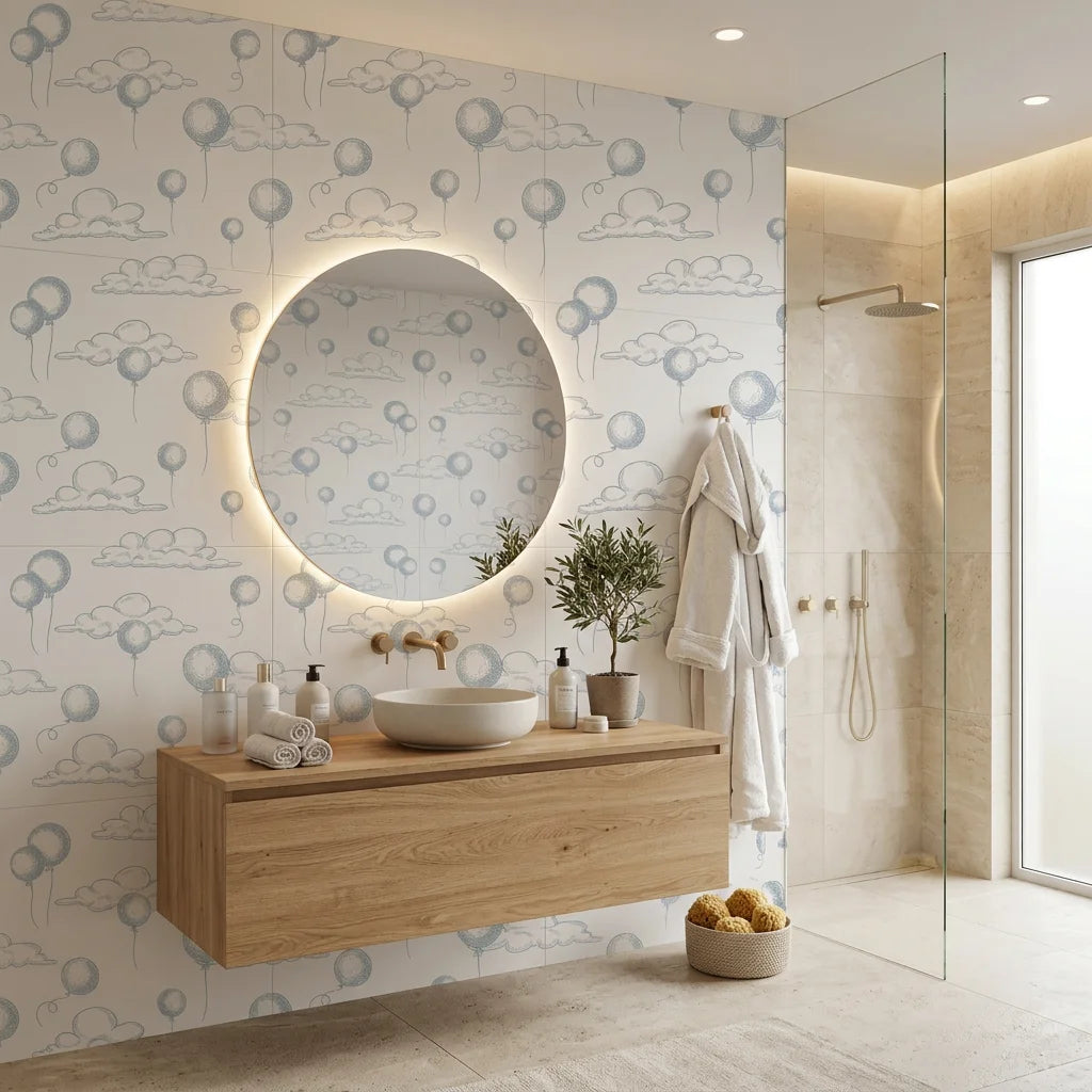 Sky Dreams sketchy cloud wallpaper creating ambiance in a serene bathroom