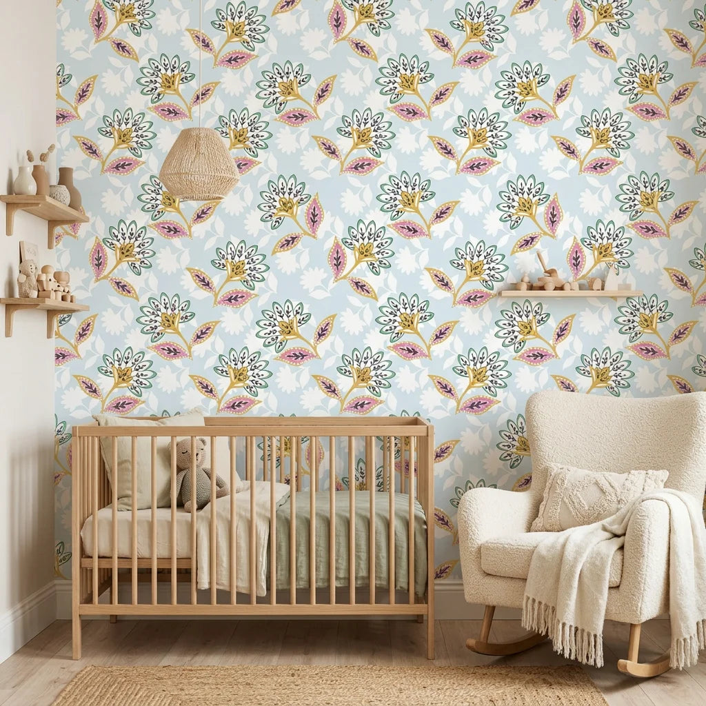 Sky Garden pastel floral peel and stick wallpaper in a warm and inviting living room