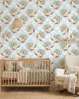 Sky Garden pastel floral peel and stick wallpaper in a warm and inviting living room