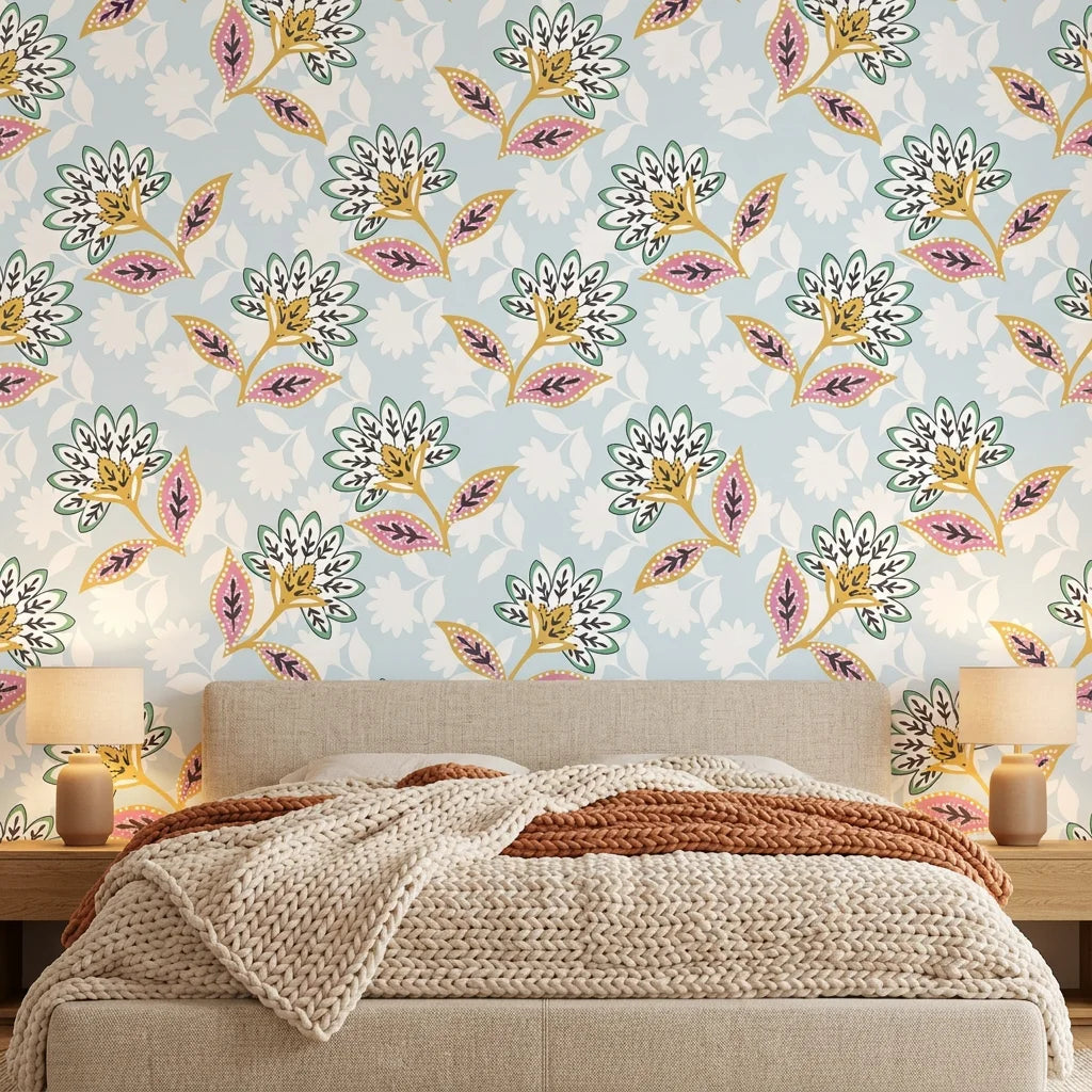 Sky Garden pastel floral peel and stick wallpaper adding character to a cozy bedroom
