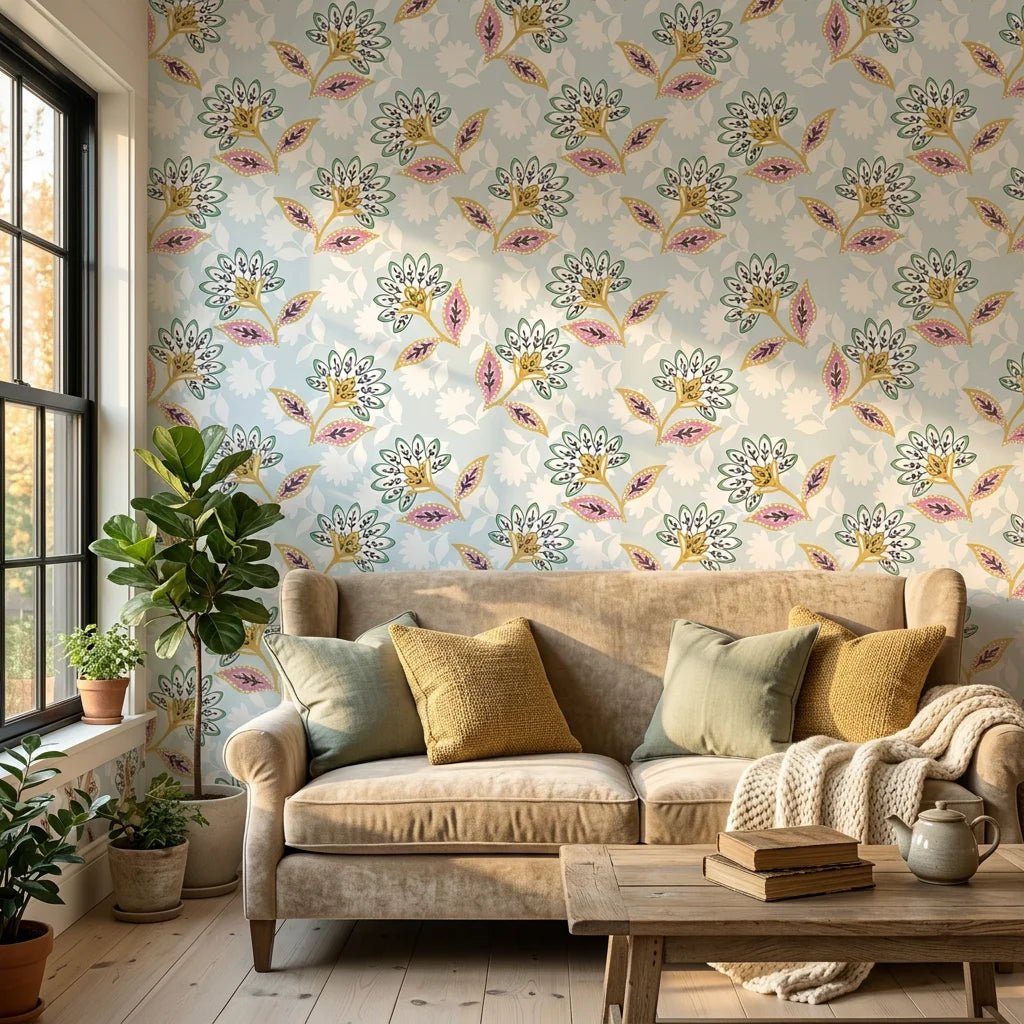 Sky Garden pastel floral peel and stick wallpaper as a feature wall in a bright home office