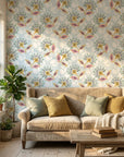 Sky Garden pastel floral peel and stick wallpaper as a feature wall in a bright home office