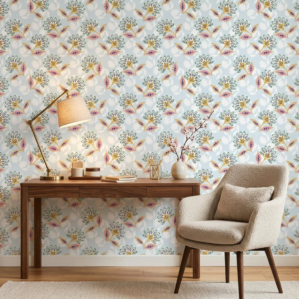 Sky Garden pastel floral peel and stick wallpaper creating ambiance in a serene bathroom