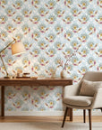 Sky Garden pastel floral peel and stick wallpaper creating ambiance in a serene bathroom